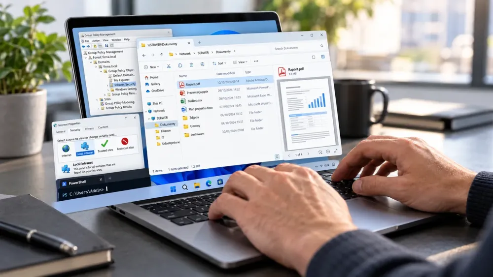 Podgląd pliku PDF z udziału sieciowego w Eksploratorze Windows obok konsoli zasad grupy i okna stref zabezpieczeń