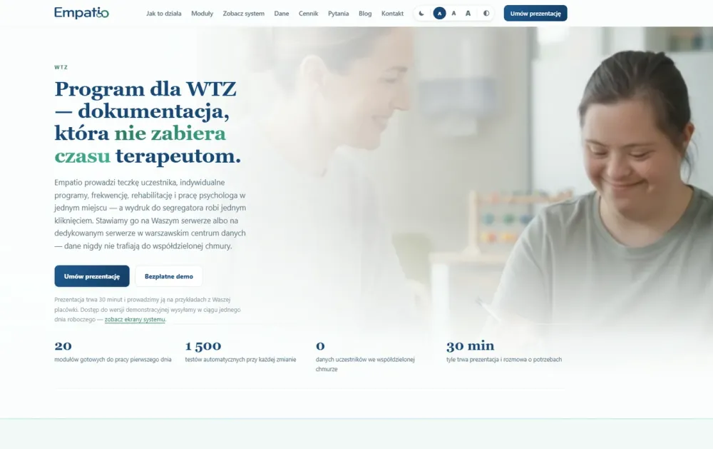 Strona systemu Empatio — program dla warsztatów terapii zajęciowej
