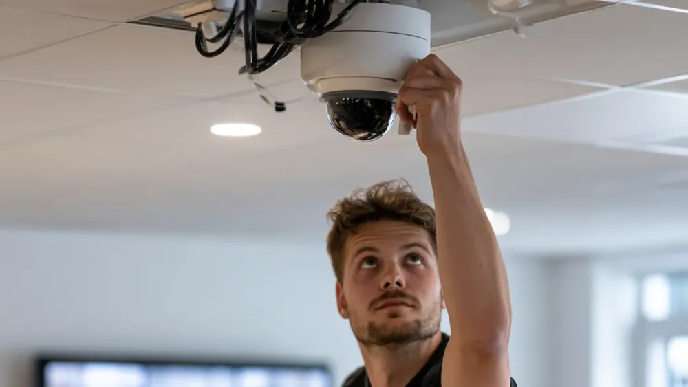Technik montuje kamerę IP na suficie biura, w tle podgląd z kamer