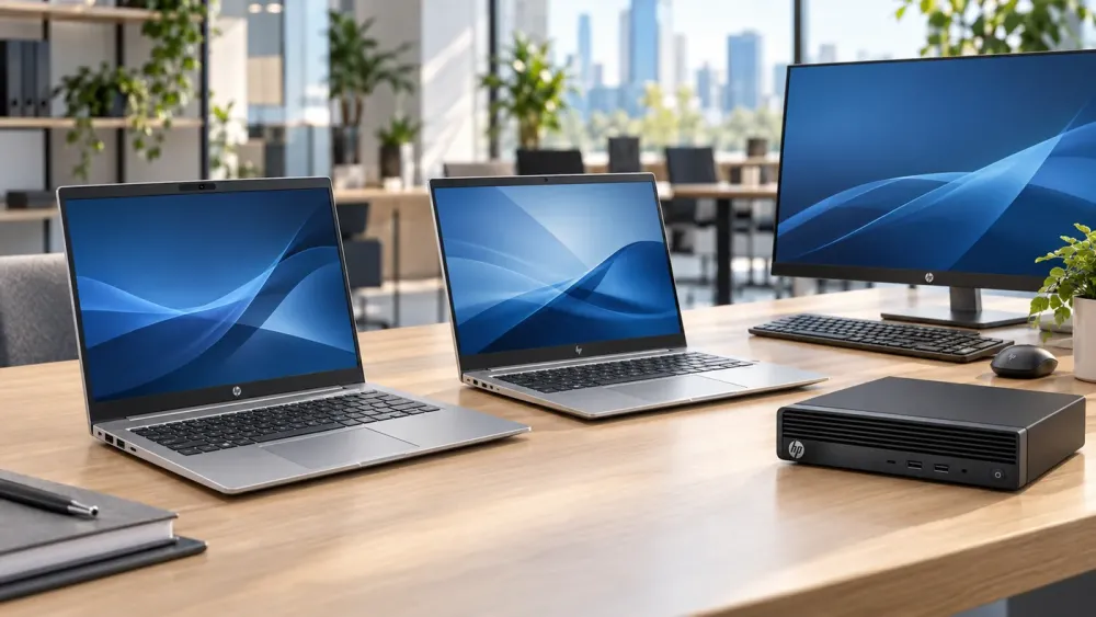 Dwa biznesowe laptopy HP i komputer HP w obudowie Mini na biurku w biurze
