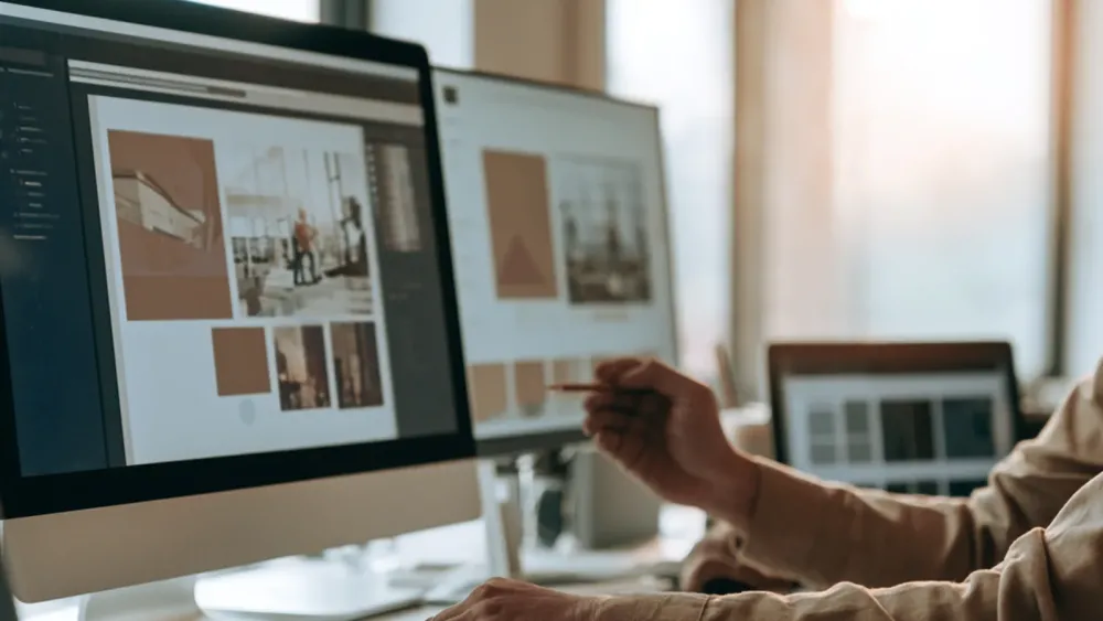 Projektant przy makiecie strony internetowej na monitorze