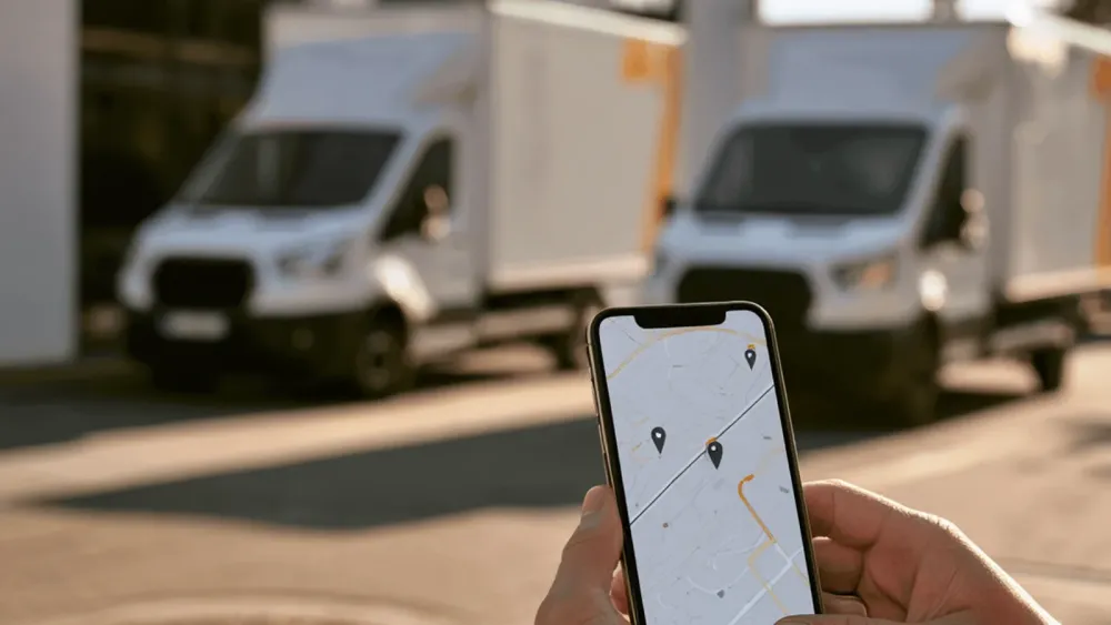 Telefon z mapą i lokalizacją pojazdów, w tle firmowe busy